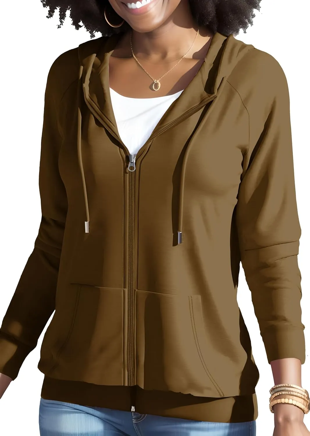 HTD Women Casual Full Zip Up Hoodie Basic Lightweight Long Sleeve Sweatshirt Solid Color Jacket With Pockets
