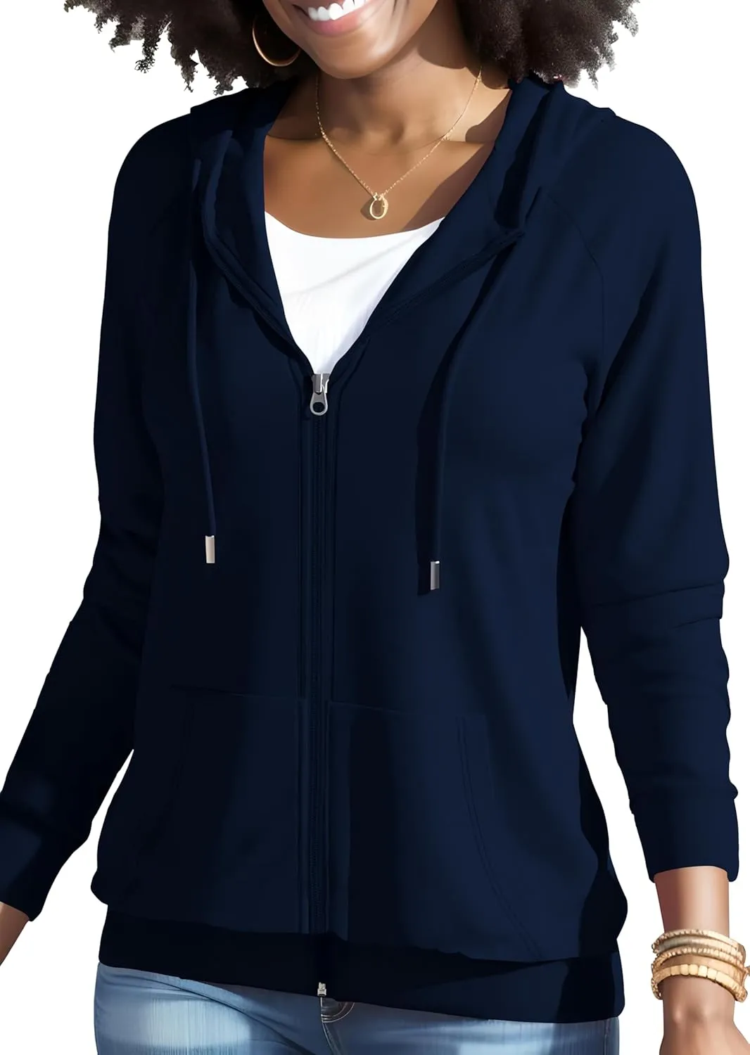 HTD Women Casual Full Zip Up Hoodie Basic Lightweight Long Sleeve Sweatshirt Solid Color Jacket With Pockets