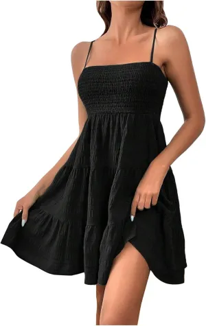 Hvyesh Womens Summer Dresses Casual Sleeveless Spaghetti Strap Square Neck Backless Tiered Ruffle A Line Mini Beach Dress