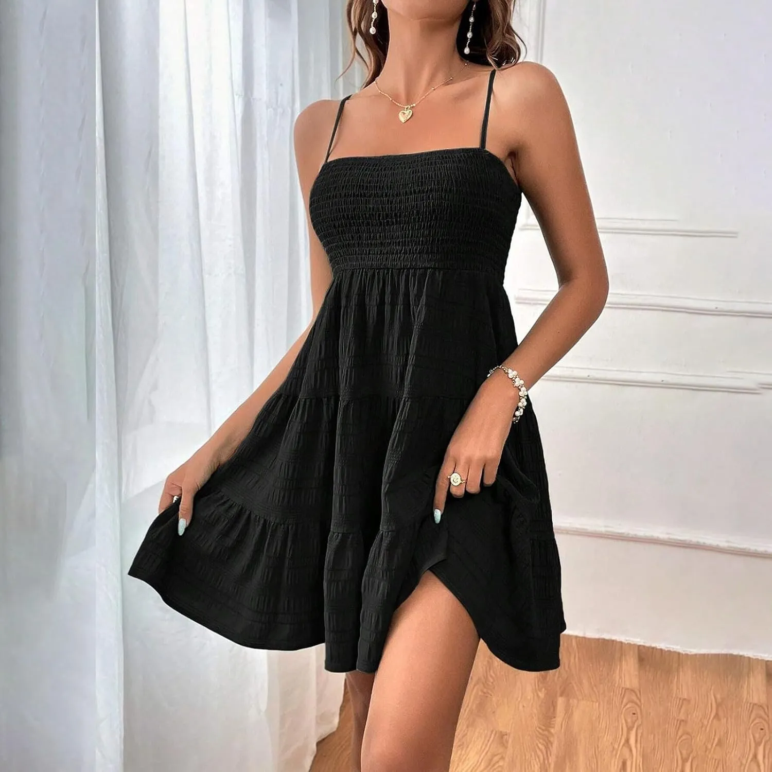 Hvyesh Womens Summer Dresses Casual Sleeveless Spaghetti Strap Square Neck Backless Tiered Ruffle A Line Mini Beach Dress