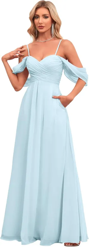 IIF Women's Off Shoulder Chiffon Bridesmaid Dresses Spaghetti Straps Long Formal Dress with Pockets for Wedding IIF019