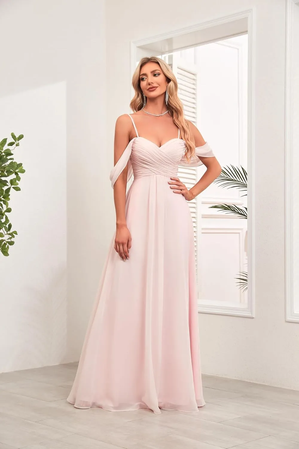IIF Women's Off Shoulder Chiffon Bridesmaid Dresses Spaghetti Straps Long Formal Dress with Pockets for Wedding IIF019