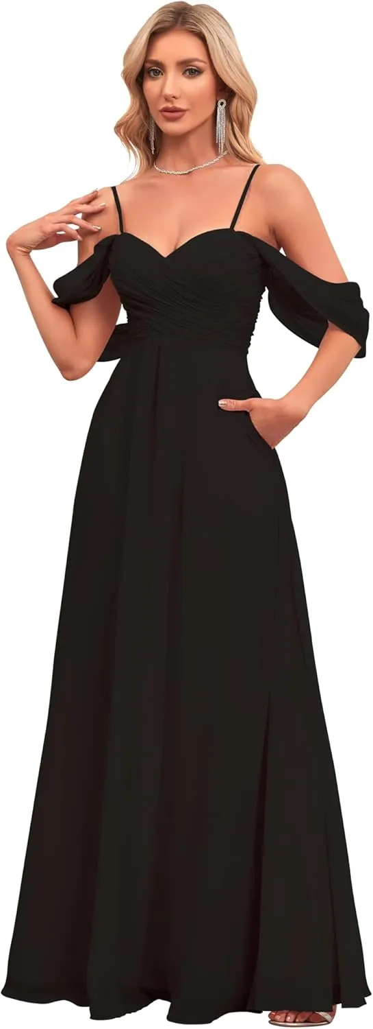 IIF Women's Off Shoulder Chiffon Bridesmaid Dresses Spaghetti Straps Long Formal Dress with Pockets for Wedding IIF019