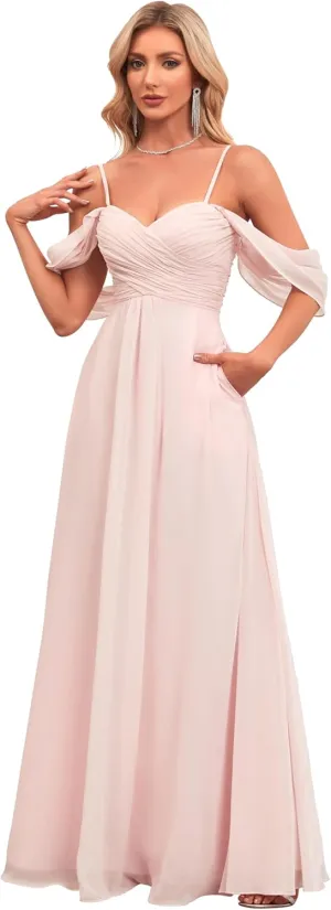 IIF Women's Off Shoulder Chiffon Bridesmaid Dresses Spaghetti Straps Long Formal Dress with Pockets for Wedding IIF019