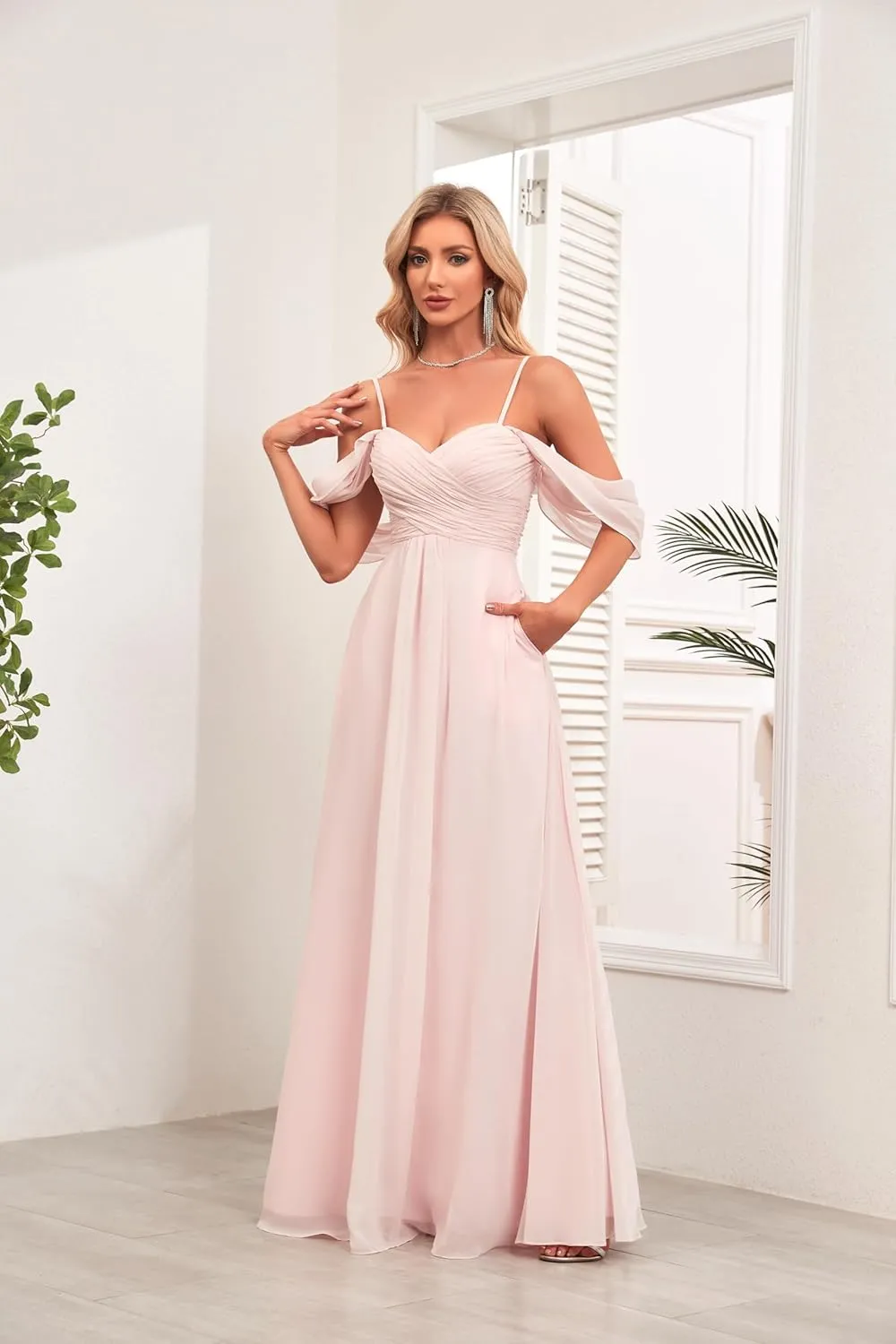 IIF Women's Off Shoulder Chiffon Bridesmaid Dresses Spaghetti Straps Long Formal Dress with Pockets for Wedding IIF019