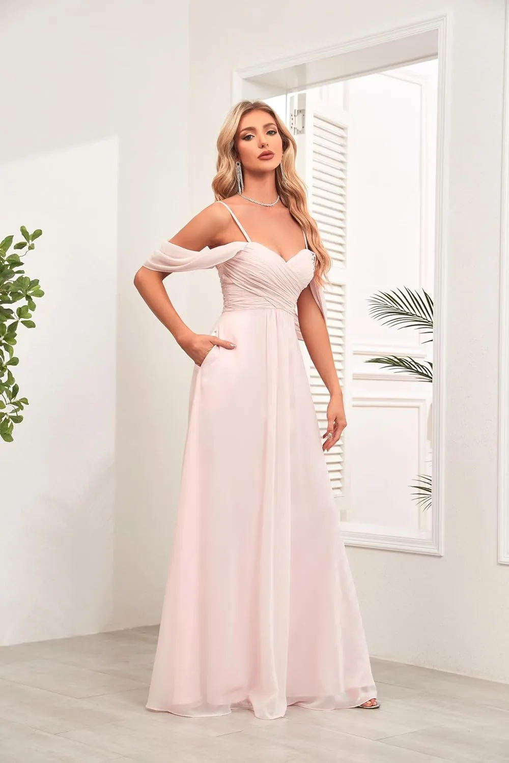 IIF Women's Off Shoulder Chiffon Bridesmaid Dresses Spaghetti Straps Long Formal Dress with Pockets for Wedding IIF019
