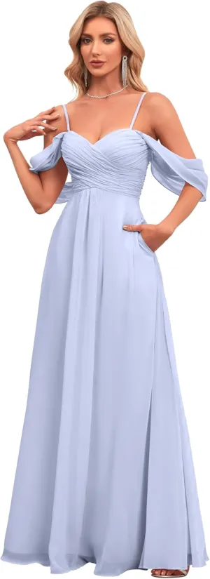 IIF Women's Off Shoulder Chiffon Bridesmaid Dresses Spaghetti Straps Long Formal Dress with Pockets for Wedding IIF019