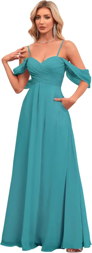 IIF Women's Off Shoulder Chiffon Bridesmaid Dresses Spaghetti Straps Long Formal Dress with Pockets for Wedding IIF019