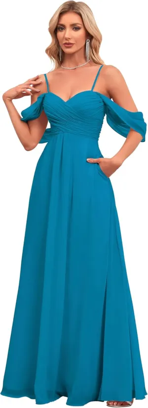 IIF Women's Off Shoulder Chiffon Bridesmaid Dresses Spaghetti Straps Long Formal Dress with Pockets for Wedding IIF019