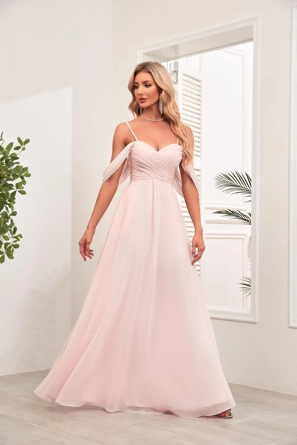 IIF Women's Off Shoulder Chiffon Bridesmaid Dresses Spaghetti Straps Long Formal Dress with Pockets for Wedding IIF019