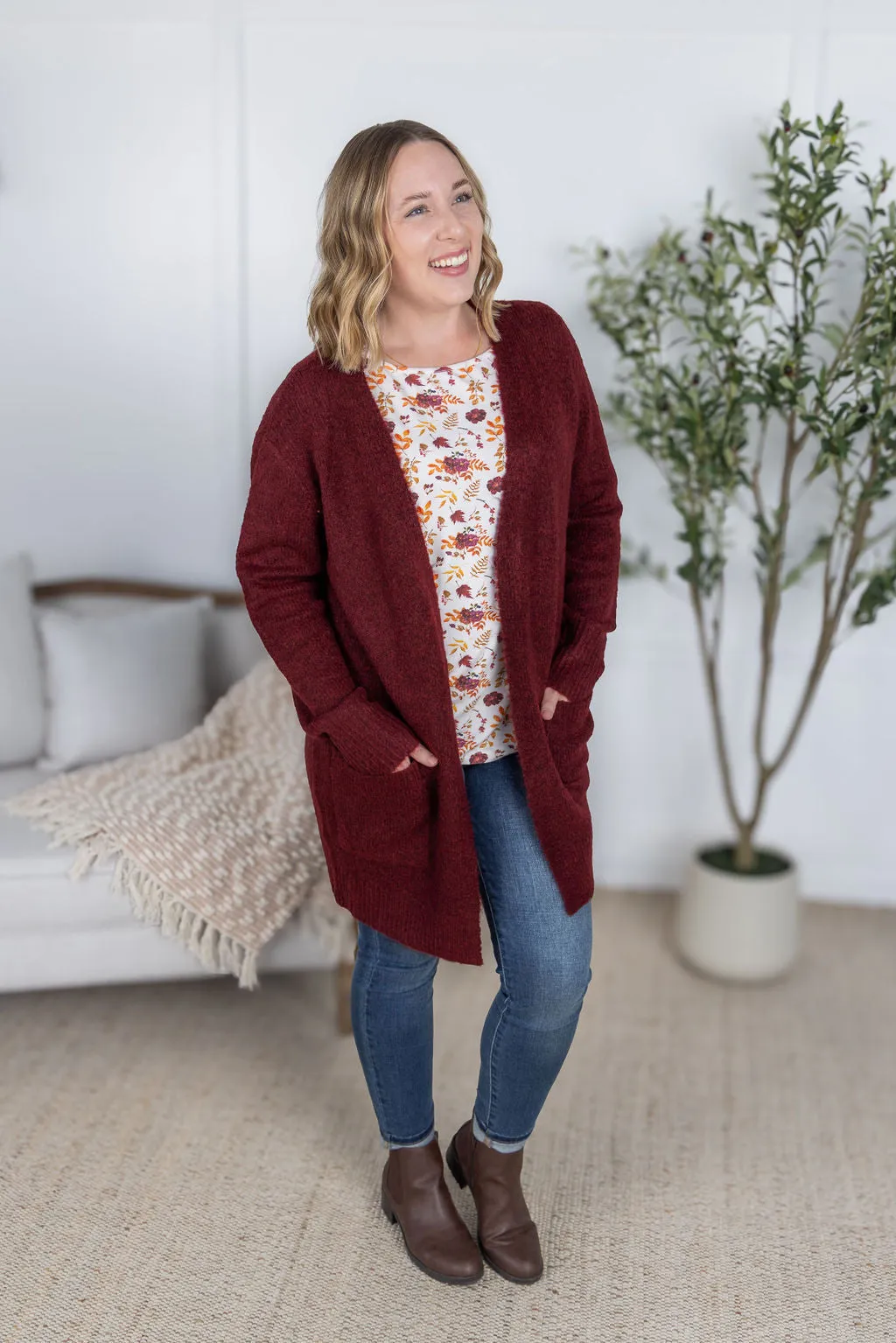 IN PRODUCTION Madison Cozy Cardigan - Burgundy