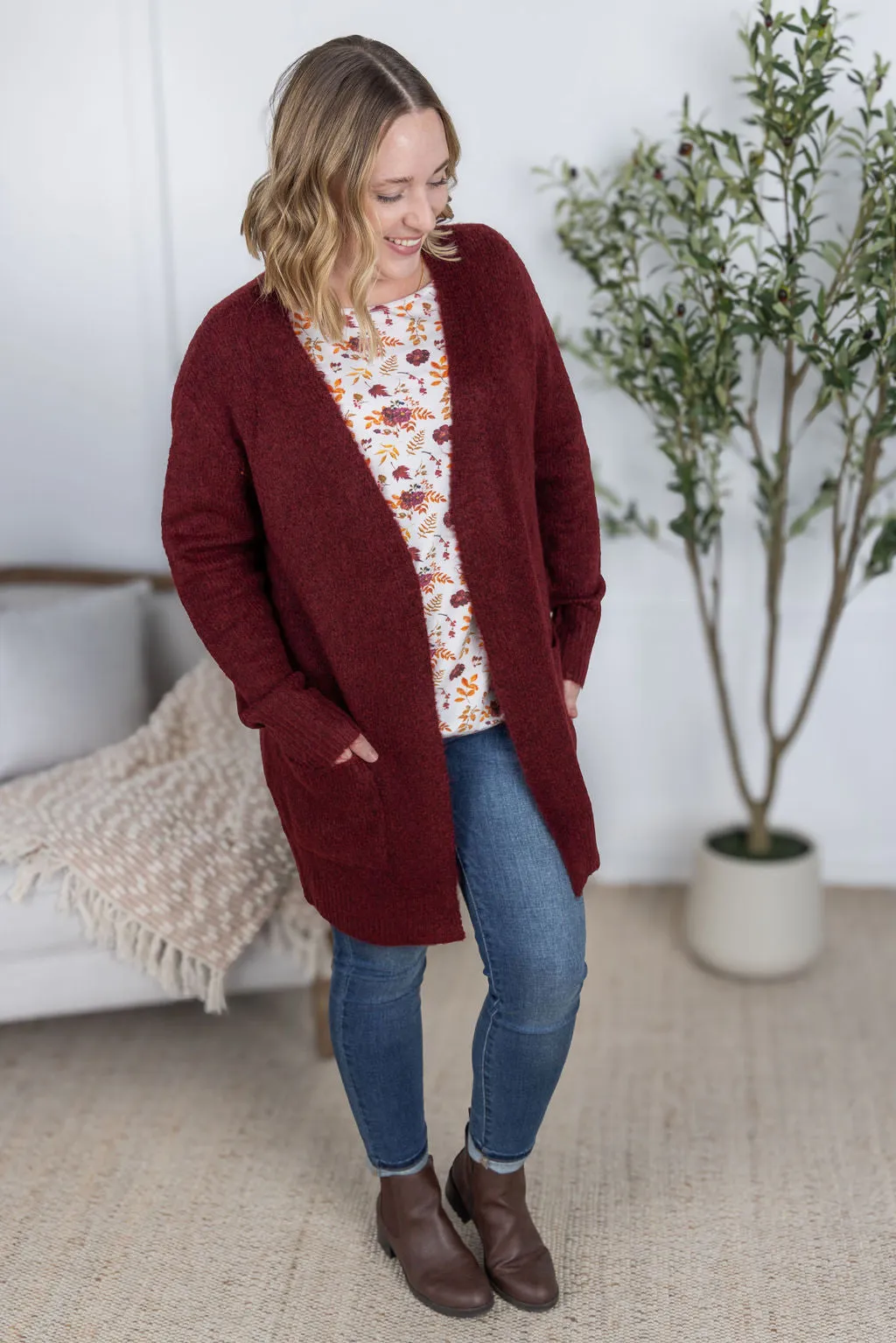 IN PRODUCTION Madison Cozy Cardigan - Burgundy