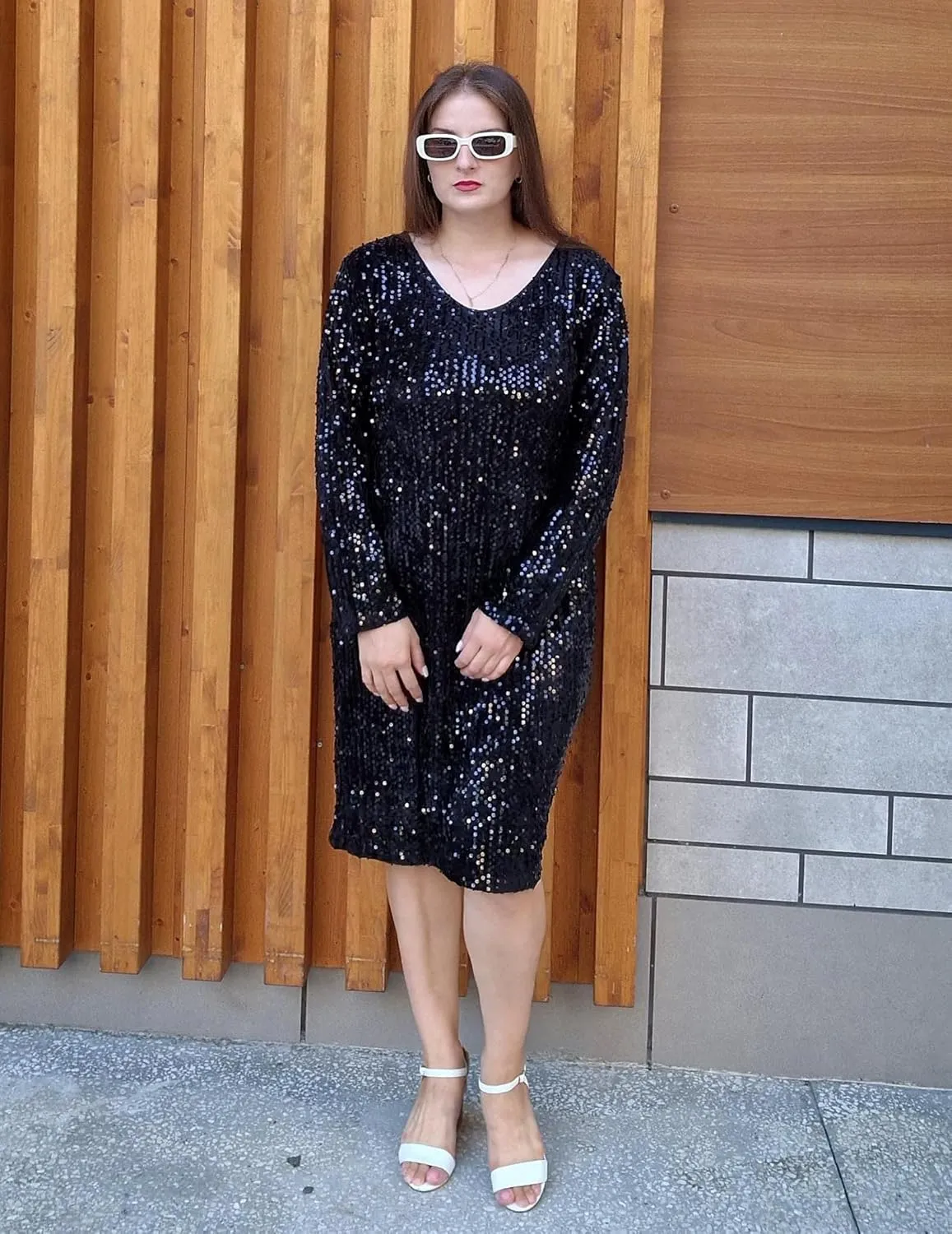 IN'VOLAND Womens Sequin Dress Plus Size V Neck Party Cocktail Dresses