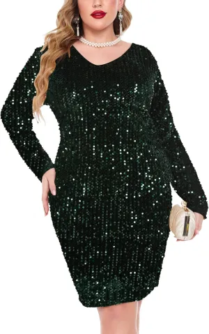 IN'VOLAND Womens Sequin Dress Plus Size V Neck Party Cocktail Dresses