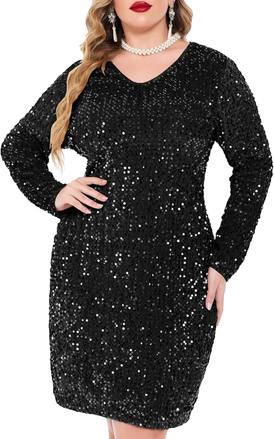 IN'VOLAND Womens Sequin Dress Plus Size V Neck Party Cocktail Dresses