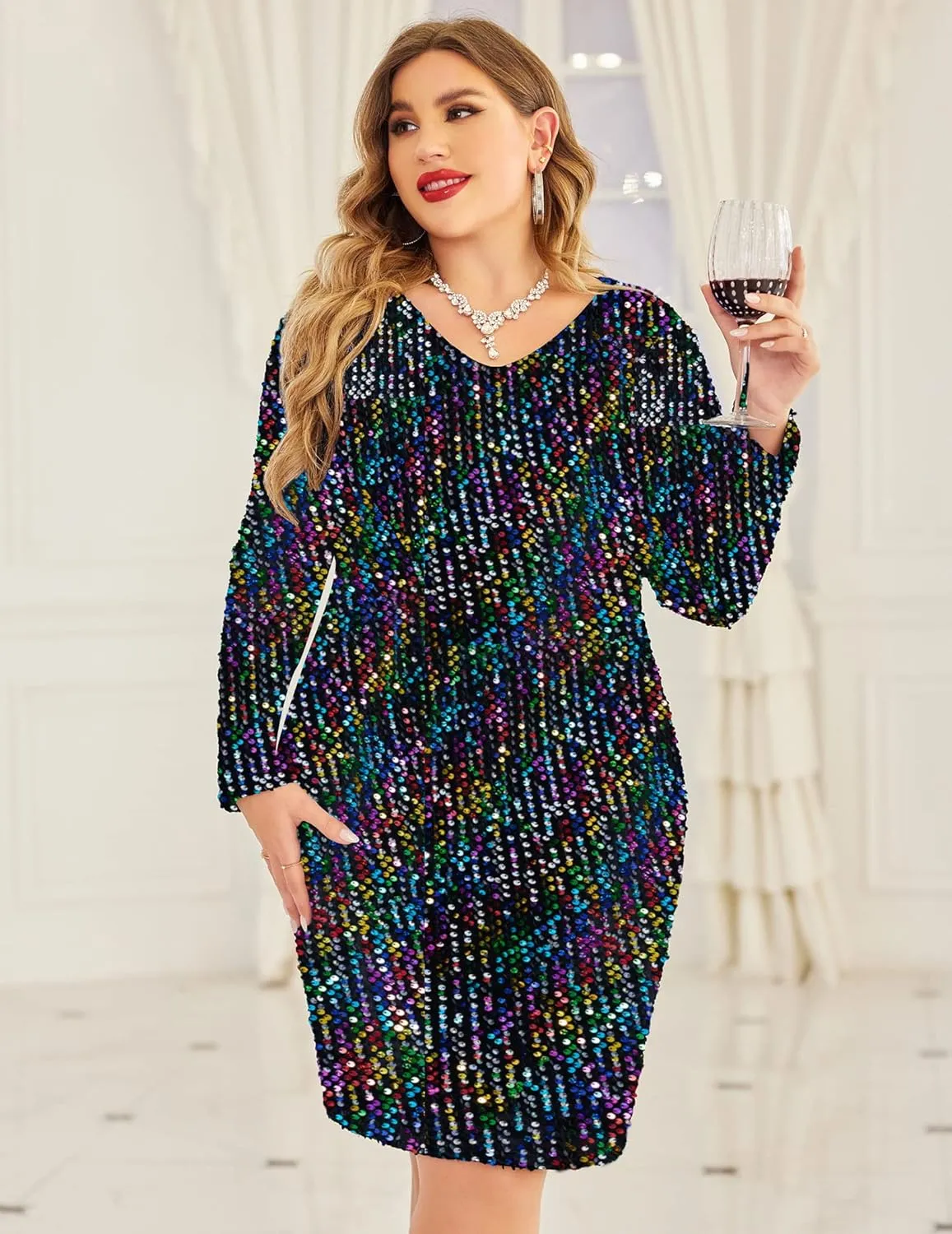 IN'VOLAND Womens Sequin Dress Plus Size V Neck Party Cocktail Dresses