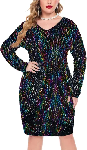 IN'VOLAND Womens Sequin Dress Plus Size V Neck Party Cocktail Dresses