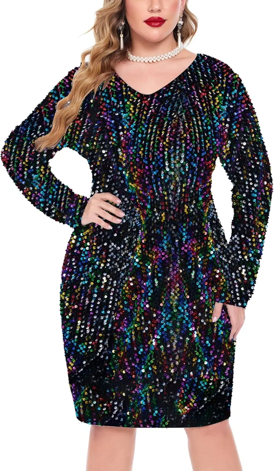 IN'VOLAND Womens Sequin Dress Plus Size V Neck Party Cocktail Dresses
