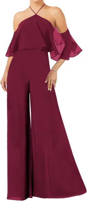 ISABUFEI Bridesmaid Dresses Long Jumpsuits for Women Chiffon Bridesmaid Pantsuits for Wedding Halter Neck Evening Gowns