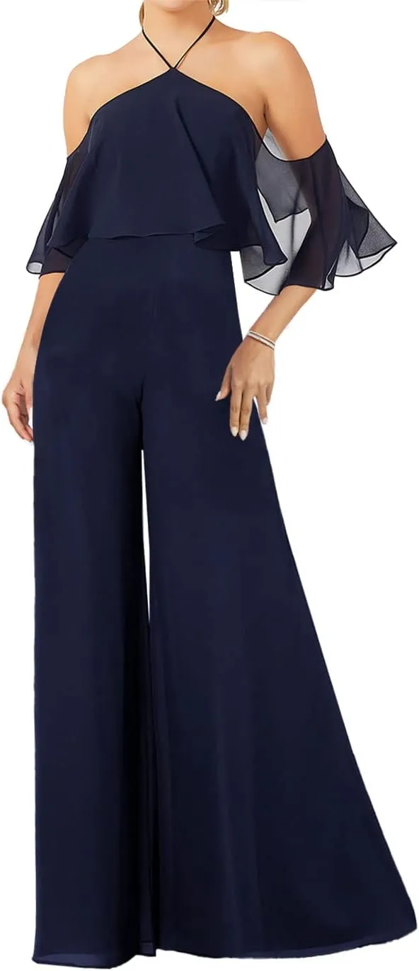 ISABUFEI Bridesmaid Dresses Long Jumpsuits for Women Chiffon Bridesmaid Pantsuits for Wedding Halter Neck Evening Gowns