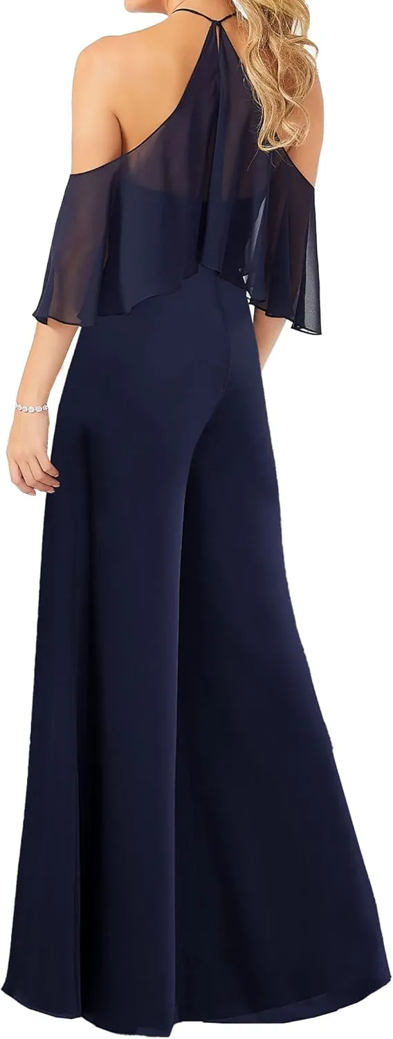 ISABUFEI Bridesmaid Dresses Long Jumpsuits for Women Chiffon Bridesmaid Pantsuits for Wedding Halter Neck Evening Gowns