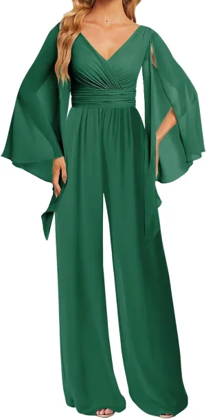 JAEDEN Bridesmaid Pantsuits Chiffon 2025 Jumpsuits - Formal Evening Gowns V Neck Long Sleeves
