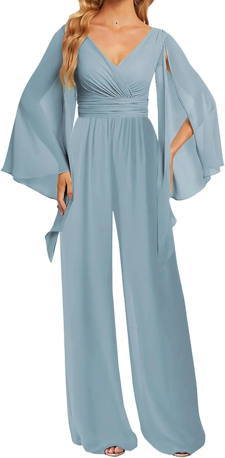 JAEDEN Bridesmaid Pantsuits Chiffon 2025 Jumpsuits - Formal Evening Gowns V Neck Long Sleeves