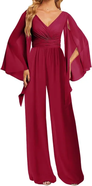 JAEDEN Bridesmaid Pantsuits Chiffon 2025 Jumpsuits - Formal Evening Gowns V Neck Long Sleeves
