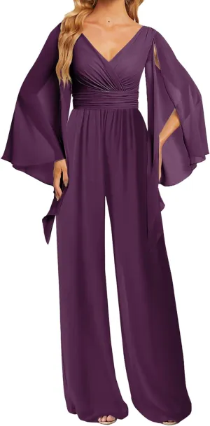 JAEDEN Bridesmaid Pantsuits Chiffon 2025 Jumpsuits - Formal Evening Gowns V Neck Long Sleeves