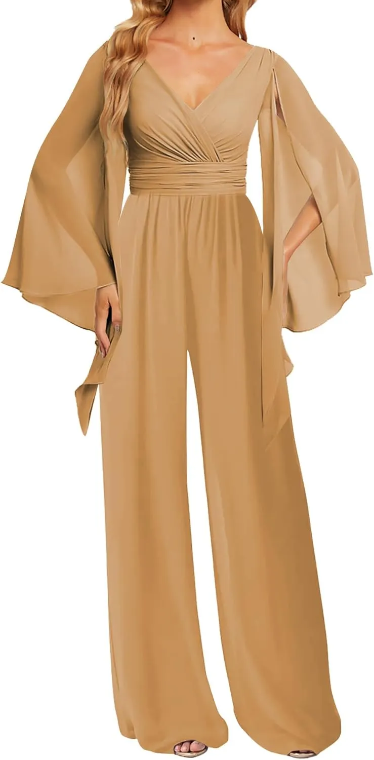 JAEDEN Bridesmaid Pantsuits Chiffon 2025 Jumpsuits - Formal Evening Gowns V Neck Long Sleeves