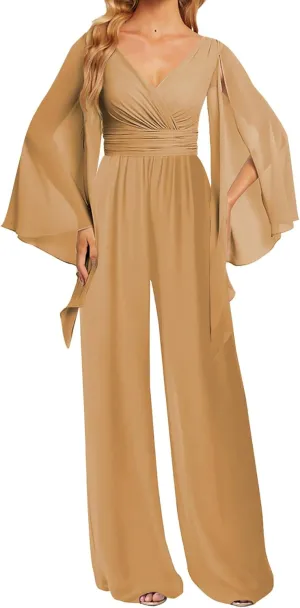 JAEDEN Bridesmaid Pantsuits Chiffon 2025 Jumpsuits - Formal Evening Gowns V Neck Long Sleeves