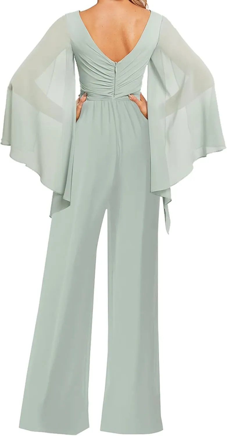 JAEDEN Bridesmaid Pantsuits Chiffon 2025 Jumpsuits - Formal Evening Gowns V Neck Long Sleeves