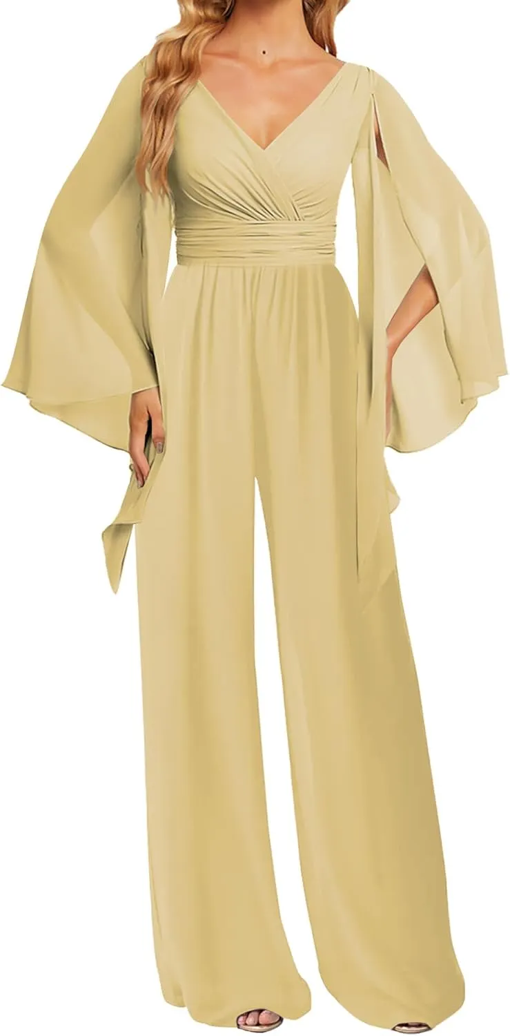 JAEDEN Bridesmaid Pantsuits Chiffon 2025 Jumpsuits - Formal Evening Gowns V Neck Long Sleeves