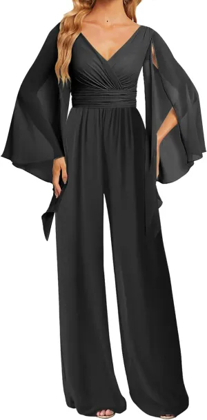 JAEDEN Bridesmaid Pantsuits Chiffon 2025 Jumpsuits - Formal Evening Gowns V Neck Long Sleeves