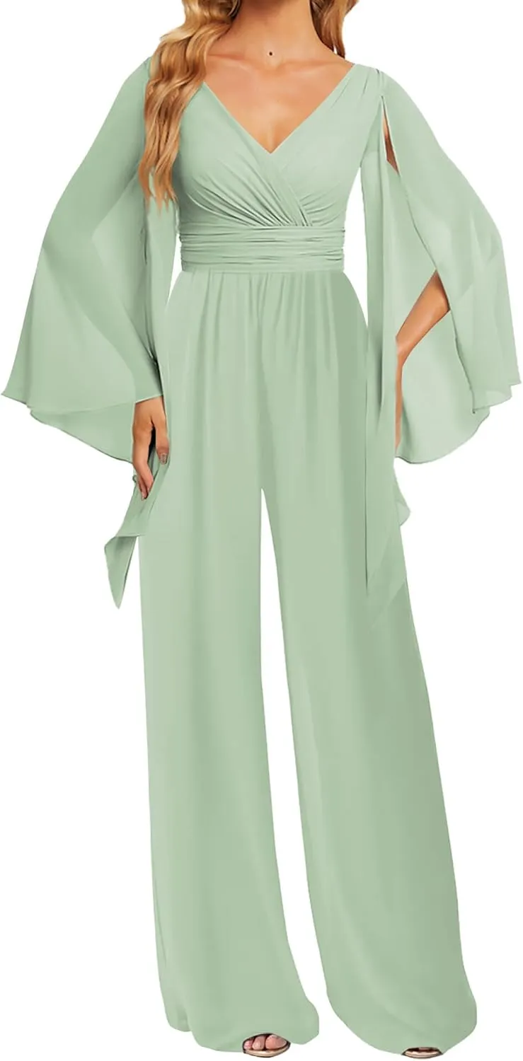 JAEDEN Bridesmaid Pantsuits Chiffon 2025 Jumpsuits - Formal Evening Gowns V Neck Long Sleeves