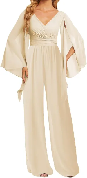 JAEDEN Bridesmaid Pantsuits Chiffon 2025 Jumpsuits - Formal Evening Gowns V Neck Long Sleeves