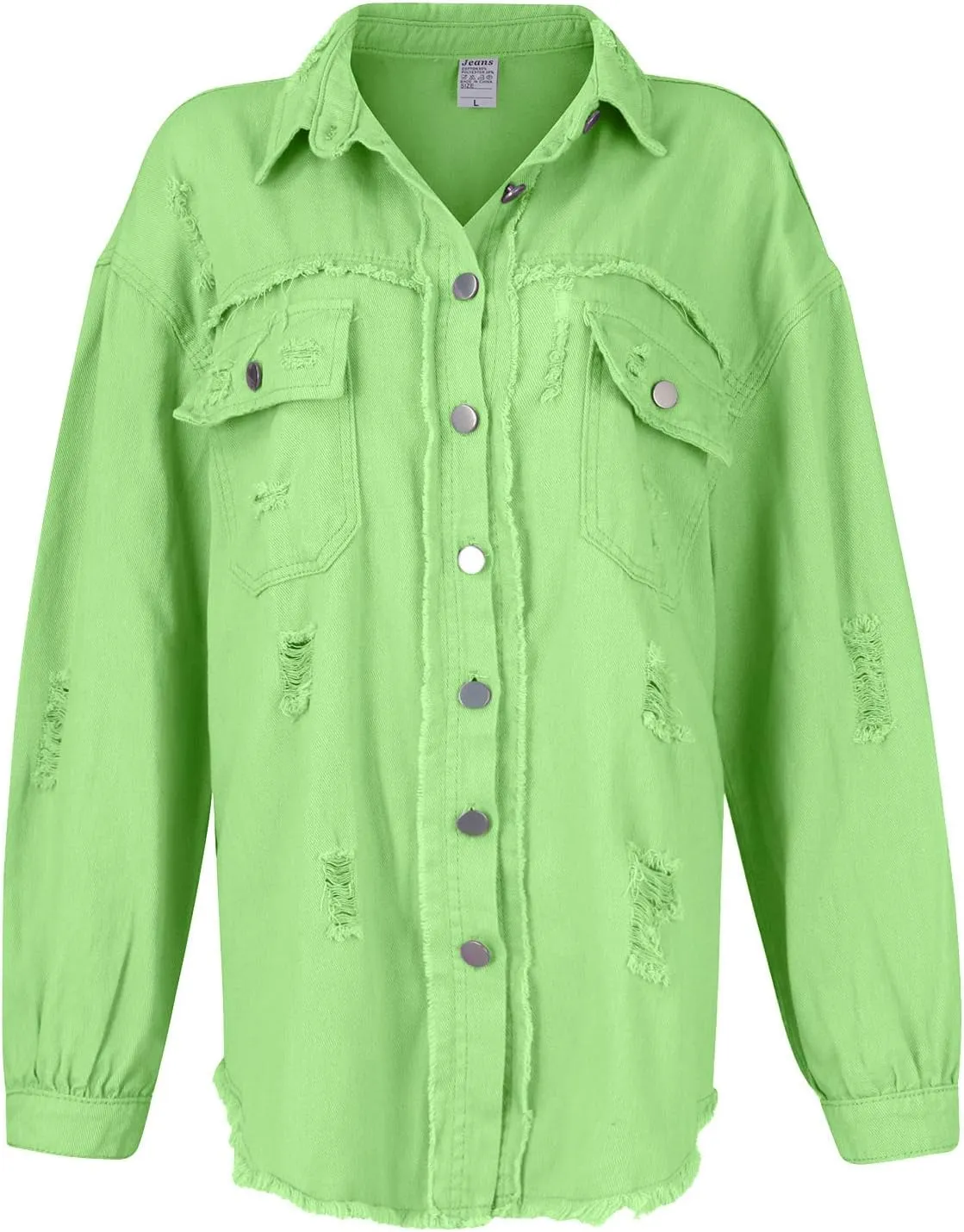 Jean Jacket Women,2024 Trendy Classic Lapel Button Down Up Frayed Hem Shacket Long Sleeve Distresse Trucker Coats