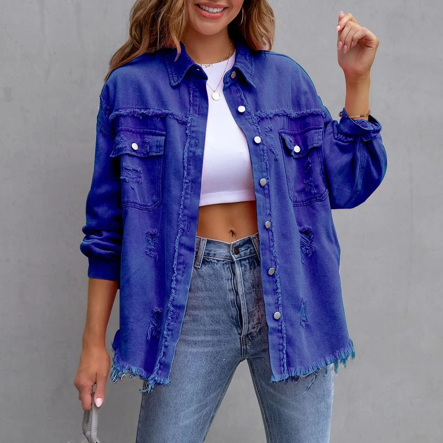 Jean Jacket Women,2024 Trendy Classic Lapel Button Down Up Frayed Hem Shacket Long Sleeve Distresse Trucker Coats