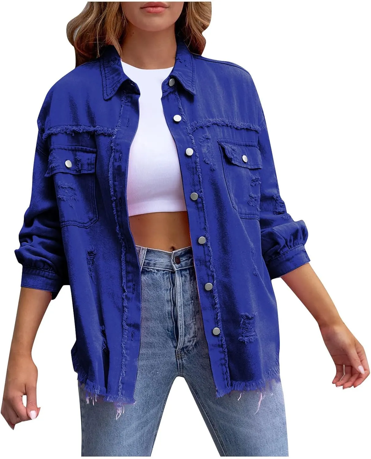 Jean Jacket Women,2024 Trendy Classic Lapel Button Down Up Frayed Hem Shacket Long Sleeve Distresse Trucker Coats