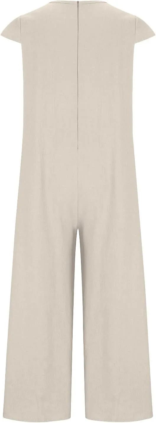 jsaierl Women Cotton Linen Long Sleeve Button Down Wide Leg Jumpsuits 2025 Casual Comfy Lightweight Summer Plus Size Romper