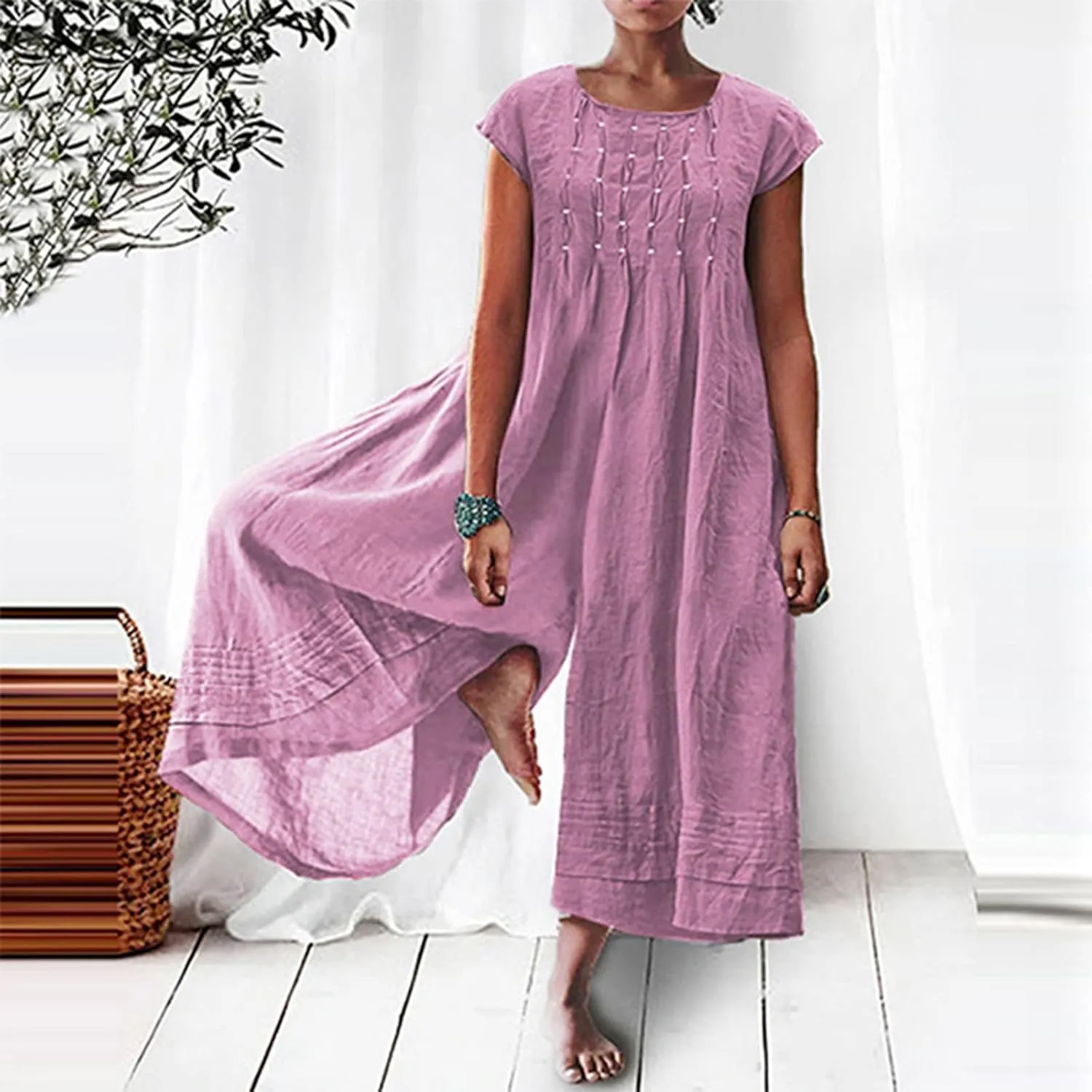 jsaierl Women Cotton Linen Long Sleeve Button Down Wide Leg Jumpsuits 2025 Casual Comfy Lightweight Summer Plus Size Romper
