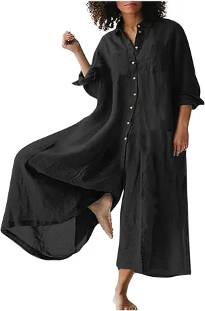 jsaierl Women Cotton Linen Long Sleeve Button Down Wide Leg Jumpsuits 2025 Casual Comfy Lightweight Summer Plus Size Romper