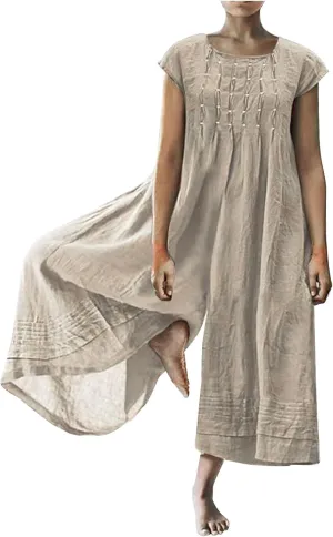 jsaierl Women Cotton Linen Long Sleeve Button Down Wide Leg Jumpsuits 2025 Casual Comfy Lightweight Summer Plus Size Romper