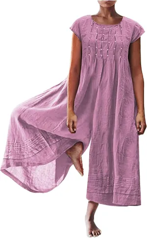 jsaierl Women Cotton Linen Long Sleeve Button Down Wide Leg Jumpsuits 2025 Casual Comfy Lightweight Summer Plus Size Romper