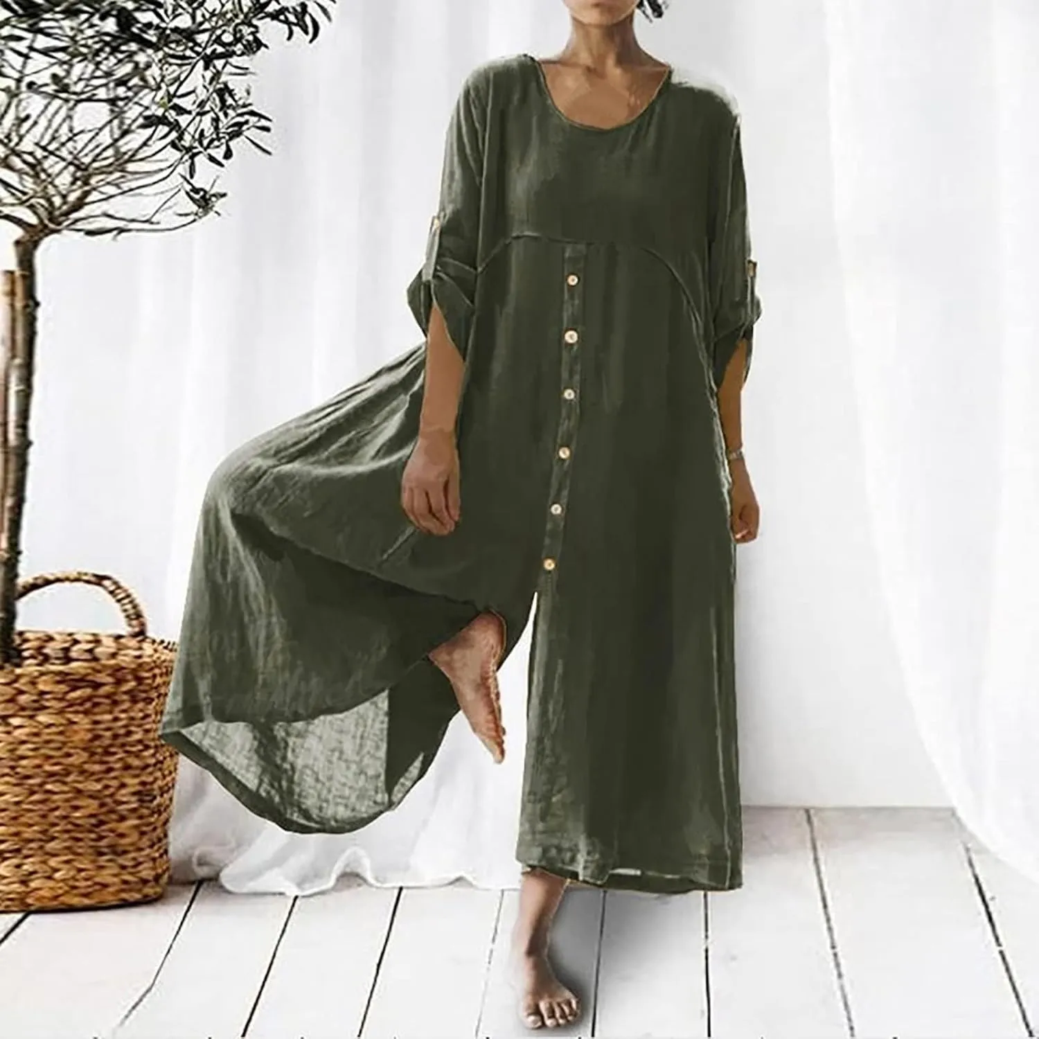 jsaierl Women Cotton Linen Long Sleeve Button Down Wide Leg Jumpsuits 2025 Casual Comfy Lightweight Summer Plus Size Romper