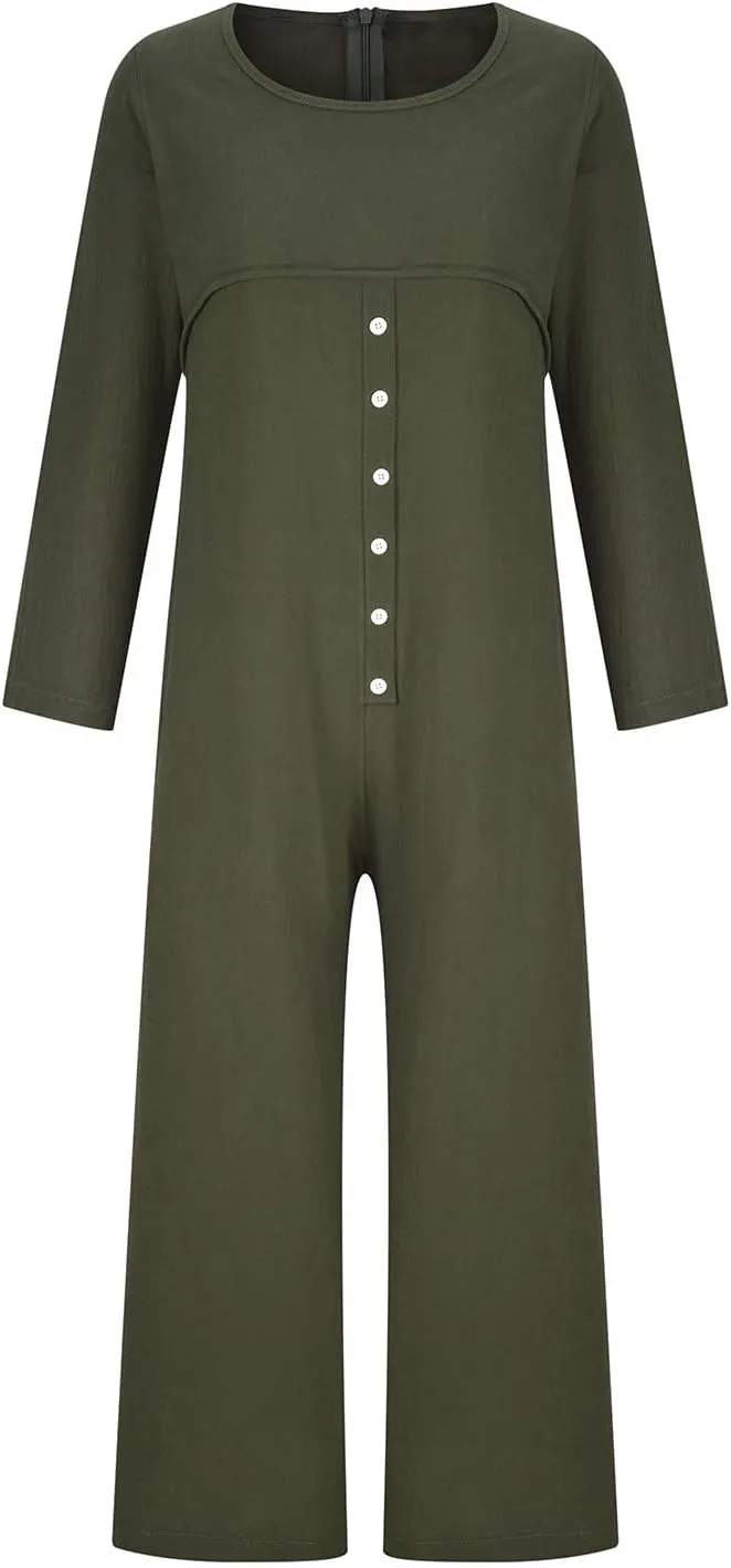 jsaierl Women Cotton Linen Long Sleeve Button Down Wide Leg Jumpsuits 2025 Casual Comfy Lightweight Summer Plus Size Romper