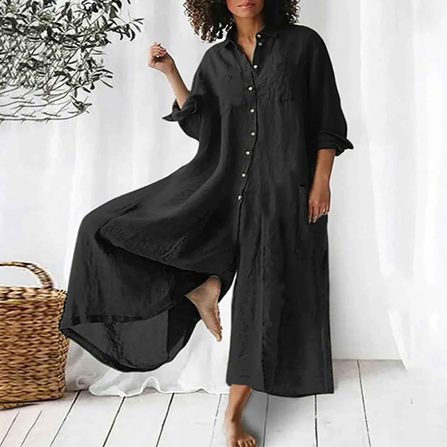 jsaierl Women Cotton Linen Long Sleeve Button Down Wide Leg Jumpsuits 2025 Casual Comfy Lightweight Summer Plus Size Romper