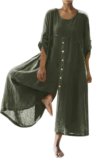 jsaierl Women Cotton Linen Long Sleeve Button Down Wide Leg Jumpsuits 2025 Casual Comfy Lightweight Summer Plus Size Romper