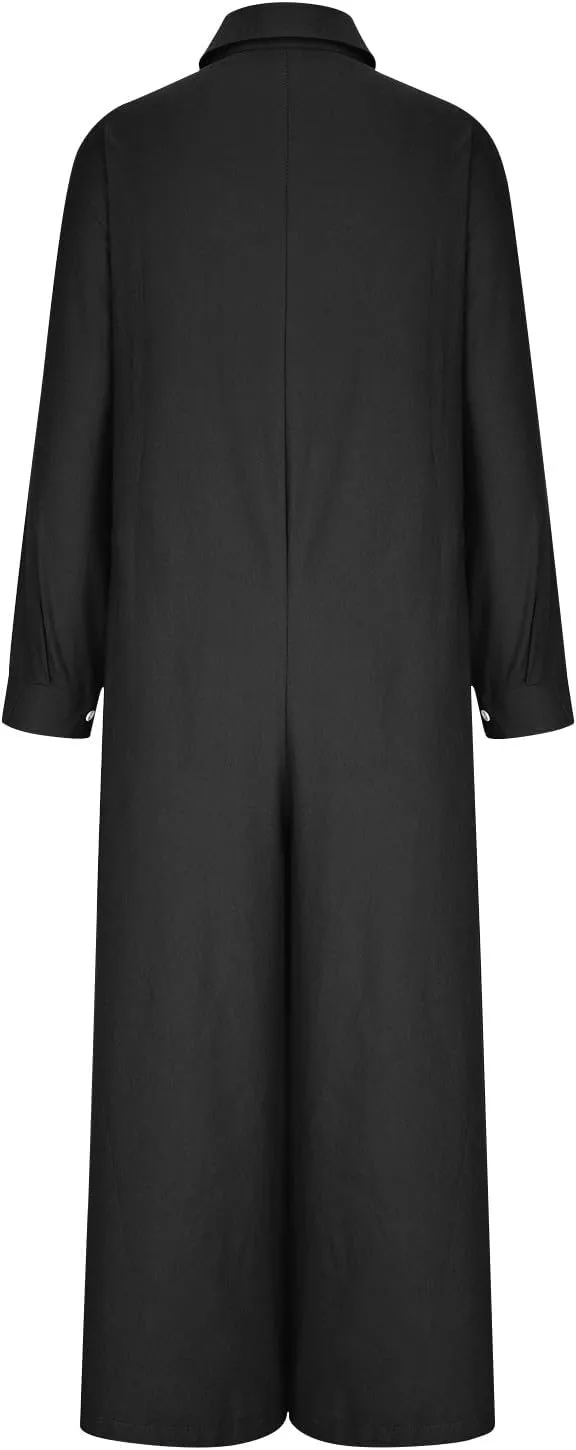 jsaierl Women Cotton Linen Long Sleeve Button Down Wide Leg Jumpsuits 2025 Casual Comfy Lightweight Summer Plus Size Romper