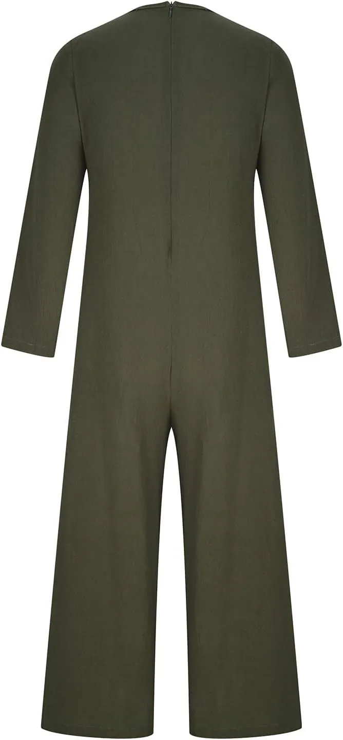 jsaierl Women Cotton Linen Long Sleeve Button Down Wide Leg Jumpsuits 2025 Casual Comfy Lightweight Summer Plus Size Romper